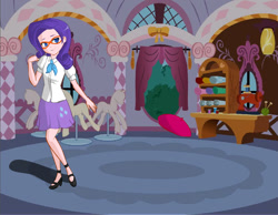 Size: 900x700 | Tagged: safe, artist:angelofdreams34, rarity, human, g4, carousel boutique, clothes, cutie mark on clothes, female, glasses, high heels, humanized, indoors, shoes, skirt, smiling, solo