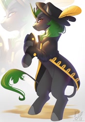 Size: 888x1265 | Tagged: safe, artist:bambudess, oc, oc only, kirin, clothes, cloven hooves, coat, curved horn, hat, horn, leonine tail, pirate, pirate costume, rearing, solo, tail, zoom layer