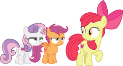 Size: 5606x3000 | Tagged: safe, artist:cloudy glow, apple bloom, scootaloo, sweetie belle, earth pony, pegasus, pony, unicorn, g4, the big mac question, annoyed, cutie mark crusaders, female, filly, foal, horn, simple background, solo, transparent background, trio, trio female, vector