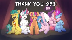 Size: 1920x1080 | Tagged: safe, artist:ohitsujiza_arts, hitch trailblazer, izzy moonbow, misty brightdawn, pipp petals, sparky sparkeroni, sunny starscout, zipp storm, dragon, earth pony, pegasus, pony, unicorn, g5, diadem, end of g5, female, folded wings, horn, hug, jewelry, magic, male, mane five, mane seven (g5), mane six (g5), mane stripe sunny, mare, open mouth, phone, rebirth misty, regalia, royalty, selfie, sitting, smiling, spotlight, stallion, telekinesis, unshorn fetlocks, wings