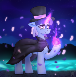 Size: 1500x1530 | Tagged: safe, artist:gantarts, oc, oc only, oc:flawless sparklemoon, pony, unicorn, my little pony the movie: the death of twilight sparkle, cloak, clothes, confetti, female, fireball, fusion, fusion:trixie, fusion:twilight sparkle, fusion:twixie, glowing, glowing horn, hat, horn, looking at you, magic, mare, outdoors, raised hoof, smiling, solo, starry eyes, top hat, wingding eyes