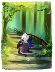 Size: 977x1265 | Tagged: safe, artist:bambudess, oc, oc only, griffon, clothes, fence, forest, nature, outdoors, passepartout, scarf, solo, tree