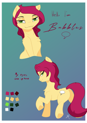 Size: 4961x7016 | Tagged: safe, artist:bluishdraft, oc, oc only, oc:bubbles, earth pony, pony, chest fluff, featureless crotch, female, gradient background, mare, passepartout, reference sheet, solo, underhoof