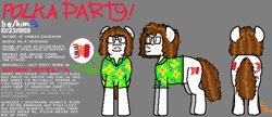 Size: 5950x2570 | Tagged: safe, artist:44nifty, oc, oc only, oc:polka party, earth pony, pony, accordion, brown eyes, brown mane, brown tail, clothes, curly mane, curly tail, cutie mark, facial hair, glasses, gray background, hawaiian shirt, moustache, musical instrument, ponified music artist, ponified musician, pronouns, reference sheet, shirt, signature, simple background, solo, tail, weird al yankovic, white coat