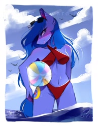 Size: 977x1265 | Tagged: safe, artist:bambudess, oc, oc only, oc:shadow blue, bird, earth pony, anthro, beach ball, bikini, breasts, clothes, female, ocean, outdoors, passepartout, solo, sunglasses, sunglasses on head, swimsuit, water