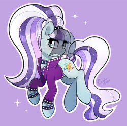 Size: 2048x2042 | Tagged: safe, artist:chaoticcr0w, coloratura, earth pony, pony, g4, aside glance, choker, clothes, countess coloratura, female, hair up, high res, jacket, light purple background, looking at you, mare, outfit, outline, raised hooves, simple background, solo, sparkles, turned head, veil, white outline