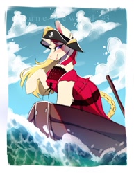 Size: 977x1265 | Tagged: safe, artist:bambudess, oc, oc only, pony, snake, unicorn, boat, braid, braided tail, clothes, dress, female, hat, horn, mare, outdoors, passepartout, pirate hat, ship, solo, tail