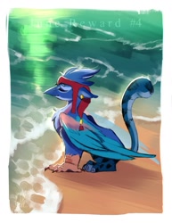 Size: 977x1265 | Tagged: safe, artist:bambudess, oc, oc only, griffon, beach, chest fluff, headdress, ocean, outdoors, passepartout, solo, water