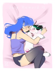 Size: 977x1265 | Tagged: safe, artist:bambudess, oc, oc only, oc:shadow blue, oc:sil feather, human, pony, unicorn, clothes, cuddling, duo, female, horn, human female, indoors, male, passepartout, shorts, sleeping, socks, spooning, stallion