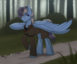 Size: 3000x2500 | Tagged: safe, artist:enderbee, oc, oc only, oc:silver lightning, pegasus, pony, clothes, commission, forest, full body, male, nature, outdoors, solo, spread wings, stallion, tree, wings