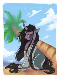 Size: 977x1265 | Tagged: safe, artist:bambudess, oc, oc only, pony, unicorn, beach, female, horn, mare, ocean, outdoors, palm tree, passepartout, solo, tree, water