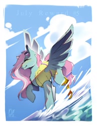 Size: 977x1265 | Tagged: safe, artist:bambudess, kerfuffle, pegasus, pony, g4, amputee, female, mare, ocean, outdoors, passepartout, prosthetic leg, prosthetic limb, prosthetics, solo, spread wings, water, wings