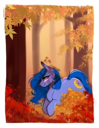 Size: 977x1265 | Tagged: safe, artist:bambudess, oc, oc only, oc:shadow blue, earth pony, pony, autumn leaves, female, forest, leaves, mare, nature, outdoors, passepartout, solo, tree