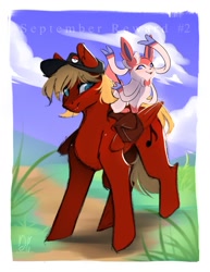 Size: 977x1265 | Tagged: safe, artist:bambudess, oc, oc only, oc:soul harmony, pegasus, pony, sylveon, bag, cap, duo, hat, male, outdoors, passepartout, pokémon, riding, riding a pony, saddle bag, stallion