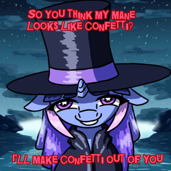 Size: 1000x1000 | Tagged: safe, alternate version, artist:jusussi, oc, oc only, oc:flawless sparklemoon, pony, unicorn, my little pony the movie: the death of twilight sparkle, cloak, clothes, confetti, female, fusion, fusion:trixie, fusion:twilight sparkle, fusion:twixie, hat, horn, looking at you, mare, outdoors, smiling, solo, starry eyes, top hat, wingding eyes