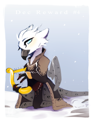 Size: 1954x2530 | Tagged: safe, artist:bambudess, oc, oc only, griffon, cloak, clothes, lyre, musical instrument, outdoors, passepartout, snow, snowfall, solo