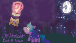 Size: 1080x607 | Tagged: safe, artist:shucku, izzy moonbow, unicorn, g5, abstract background, crescent moon, cute, drawing, female, filly, filly izzy moonbow, foal, forest, horn, izzybetes, lantern, moon, nature, night, outdoors, solo, starry eyes, starry sky, tree, unitober 2024, wingding eyes, younger