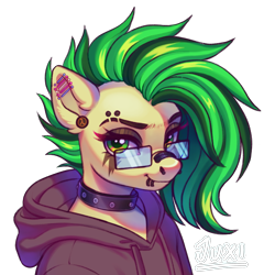 Size: 2995x3000 | Tagged: safe, artist:juxi, oc, oc only, oc:joystick (joystick), bust, choker, clothes, collar, ear piercing, female, glasses, goth, hoodie, industrial piercing, looking at you, piercing, portrait, pride, pride flag, simple background, smiling, smiling at you, solo, studded choker, trans female, transgender, transgender pride flag, transparent background