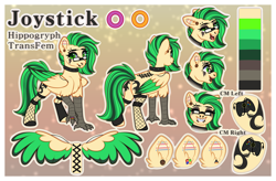 Size: 2900x1900 | Tagged: safe, artist:mxiiisy, oc, oc only, oc:joystick (joystick), hippogriff, braces, bridge piercing, corset piercing, ear piercing, eyebrow piercing, female, glasses, gradient background, hippogriff oc, industrial piercing, lip piercing, nose piercing, passepartout, piercing, pride, pride flag, reference sheet, septum piercing, solo, trans female, transgender, transgender pride flag