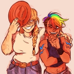 Size: 897x897 | Tagged: safe, artist:poltergrease, applejack, rainbow dash, human, g4, alternate hairstyle, applejack's hat, belly, belly button, belt, belt buckle, blushing, bra, braid, braided ponytail, butch, butch lesbian, clothes, cowboy hat, crop top bra, denim, digital art, duo, duo female, ear piercing, eyebrow piercing, female, floppy ears, hair design, hand on shoulder, happy trail, hat, hat off, hat tip, humanized, jeans, laughing, lesbian, looking at each other, looking at someone, midriff, multicolored hair, muscles, muscular female, open mouth, open smile, pants, piercing, plug earrings, ponytail, rainbow hair, shaved head, shaved sides, ship:appledash, shipping, shirt, simple background, smiling, smiling at each other, sports bra, stetson, t-shirt, tank top, tattoo, toothy grin, underwear, white background, wing tattoo, woman, wrist cuffs