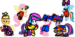 Size: 1819x907 | Tagged: safe, artist:gab_eka(gabyshevakata), applejack, fluttershy, pinkie pie, rainbow dash, rarity, twilight sparkle, earth pony, pegasus, pony, unicorn, g4, 1000 hours in ms paint, apple, bow, bunny ears, clothes, cosplay, costume, crossover, crown, dress, ear piercing, earring, female, food, gangle, gown, hat, jax (tadc), jester, jester hat, jester outfit, jewelry, kinger, mane six, mare, mask, overalls, piercing, pomni, ragatha, regalia, simple background, the amazing digital circus, transparent background, unicorn twilight, zooble