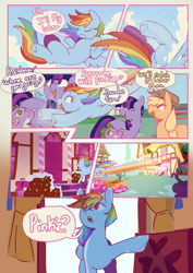 Size: 1413x2000 | Tagged: safe, artist:piesinful, applejack, rainbow dash, spike, twilight sparkle, dragon, earth pony, pegasus, pony, unicorn, comic:unlucky day, fanfic:cupcakes, g4, applejack's hat, comic, cowboy hat, dialogue, eye clipping through hair, eyebrows, eyebrows visible through hair, eyes closed, female, flight trail, flying, folded wings, group, hat, horn, male, mare, no catchlights, open mouth, ponyville, quartet, rainbow trail, shrug, solo focus, speech bubble, sugarcube corner, talking, unicorn twilight, wings