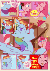 Size: 1413x2000 | Tagged: safe, artist:piesinful, pinkie pie, rainbow dash, pegasus, pony, comic:unlucky day, fanfic:cupcakes, g4, :3, :o, blushing, candy, candy cane, comic, cupcake, dialogue, duo, duo female, eating, eyebrows, eyebrows visible through hair, eyes closed, female, floating heart, folded wings, food, gulp, heart, indoors, mare, motion lines, no catchlights, open mouth, open smile, raised eyebrow, shrug, smiling, sparkles, sparkly eyes, speech bubble, spread wings, sugarcube corner, talking, text, wingding eyes, wings