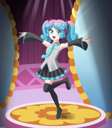 Size: 1050x1200 | Tagged: safe, artist:riouku, princess flurry heart, human, g4, alternate hairstyle, boots, carousel boutique, clothes, commission, commissioner:vatobot17, cosplay, costume, cute, female, flurrybetes, hatsune miku, humanized, indoors, mirror, necktie, older, older flurry heart, open mouth, shirt, shoes, skirt, solo, tattoo, vocaloid