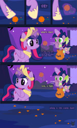 Size: 1793x2997 | Tagged: safe, artist:wheatley r.h., derpibooru exclusive, spike, twilight sparkle, alicorn, dragon, pony, comic:between skull and flowers, g4, alicorn costume, candy, cempasúchil, clothes, comic, costume, crown, cute, duo, duo male and female, fake cutie mark, fake horn, fake wings, female, flower, folded wings, food, jewelry, magic, magic aura, male, mare, night, night sky, nightmare night, nightmare night costume, outdoors, regalia, sky, telekinesis, twilight sparkle (alicorn), twilight sparkle costume, vector, watermark, winged spike, wings