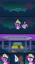 Size: 1793x3252 | Tagged: safe, artist:wheatley r.h., derpibooru exclusive, spike, twilight sparkle, oc, oc:w. rhinestone eyes, alicorn, changeling, dragon, honeypot changeling, pony, comic:between skull and flowers, g4, alicorn costume, bat wings, blue changeling, bush, candy, cempasúchil, clothes, comic, costume, crown, duo, duo male and female, fake cutie mark, fake horn, fake wings, female, flower, folded wings, food, forest, hood, jewelry, male, mare, nature, night, night sky, nightmare night, nightmare night costume, outdoors, rear view, regalia, sack, scared, skull, skull mask, sky, stallion, structure, tree, twilight sparkle (alicorn), twilight sparkle costume, vector, watermark, winged spike, wings