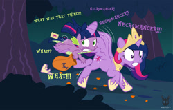 Size: 1793x1139 | Tagged: safe, artist:wheatley r.h., derpibooru exclusive, spike, twilight sparkle, alicorn, dragon, pony, comic:between skull and flowers, g4, alicorn costume, bush, clothes, comic, costume, crown, duo, duo male and female, fake cutie mark, fake horn, fake wings, female, flower, forest, hood, jewelry, male, mare, nature, night, nightmare night, nightmare night costume, outdoors, regalia, running, scared, sky, spread wings, tree, twilight sparkle (alicorn), twilight sparkle costume, vector, watermark, winged spike, wings