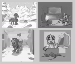 Size: 2000x1699 | Tagged: safe, artist:gor1ck, oc, oc only, bear, pony, unicorn, beanie, black and white, clothes, forest, grayscale, hat, horn, lying down, magic, male, monochrome, mouth hold, nature, present, prone, running, scarf, sketch, snow, snowfall, solo, stallion, telekinesis, television, tree