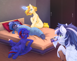 Size: 4918x3891 | Tagged: safe, artist:tentaon, oc, oc only, oc:lenor, oc:maxi, oc:pixi feather, oc:redline lightwing, pegasus, unicorn, angry, baby bottle, bed, bedroom, cellphone, chest fluff, horn, indoors, milk, pacifier, phone, smartphone, tied, video, wing hold, wings