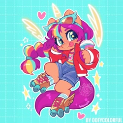 Size: 4000x4000 | Tagged: safe, alternate version, artist:oofycolorful, sunny starscout, alicorn, earth pony, pony, semi-anthro, g5, :p, abstract background, alicornified, arm hooves, artificial horn, artificial wings, augmented, clothes, cute, drink, eye clipping through hair, female, heart, high res, horn, looking at you, magic, magic horn, magic wings, mane stripe sunny, mare, ponytail, race swap, roller skates, signature, skates, smiling, smiling at you, smoothie, solo, sparkles, starry eyes, stars, sunglasses, sunnybetes, sunnycorn, tongue out, wingding eyes, wingdings, wings