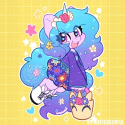 Size: 4000x4000 | Tagged: safe, alternate version, artist:oofycolorful, izzy moonbow, pony, unicorn, semi-anthro, g5, abstract background, arm hooves, basket, boots, clothes, cute, eye clipping through hair, eyebrows, eyebrows visible through hair, female, flower, flower in hair, heart, heart eyes, high res, horn, izzybetes, looking at you, mare, open mouth, open smile, shoes, signature, skirt, smiling, smiling at you, solo, sparkles, stars, teeth, unshorn fetlocks, wingding eyes