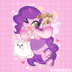 Size: 4000x4000 | Tagged: safe, alternate version, artist:oofycolorful, cloudpuff, pipp petals, dog, flying pomeranian, pegasus, pomeranian, pony, semi-anthro, g5, abstract background, absurd resolution, adorapipp, blushing, clothes, cute, duo, duo male and female, emanata, eye clipping through hair, eyebrows, eyebrows visible through hair, female, heart, high res, male, mare, one eye closed, open mouth, open smile, selfie, signature, skirt, smiling, that pony sure does love phones, unshorn fetlocks, wingding eyes, winged dog, wings