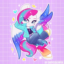 Size: 4000x4000 | Tagged: safe, alternate version, artist:oofycolorful, zipp storm, pegasus, pony, semi-anthro, g5, adorazipp, backpack, clothes, colored wings, cute, denim, eye clipping through hair, eyebrows, eyebrows visible through hair, female, gradient wings, grin, heart, high res, jeans, looking at you, mare, multicolored wings, pants, signature, smiling, smiling at you, solo, spread wings, teeth, unshorn fetlocks, wings