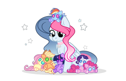 Size: 3429x2209 | Tagged: safe, artist:darbypop1, applejack, fluttershy, pinkie pie, rainbow dash, rarity, twilight sparkle, oc, oc:melody everbelle, alicorn, pony, g4, bell, bell collar, collar, female, mane six, mare, plushie, simple background, transparent background