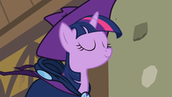 Size: 1920x1080 | Tagged: safe, screencap, twilight sparkle, pony, unicorn, g4, my little pony: friendship is magic, season 2, the mysterious mare do well, eyes closed, mare do well costume, outdoors, solo, unicorn twilight