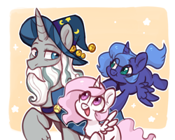 Size: 1280x1024 | Tagged: safe, artist:oofycolorful, princess celestia, princess luna, star swirl the bearded, alicorn, pony, unicorn, g4, blank flank, cewestia, chest fluff, cute, cutelestia, eye clipping through hair, female, filly, filly celestia, filly luna, foal, horn, male, open mouth, pink-mane celestia, royal sisters, siblings, sisters, stallion, trio, woona, younger