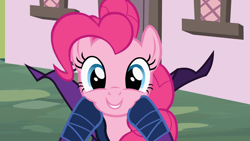 Size: 1920x1080 | Tagged: safe, screencap, pinkie pie, earth pony, pony, g4, my little pony: friendship is magic, season 2, the mysterious mare do well, female, hooves on face, logo, looking at you, mare, mare do well costume, ponyville, solo