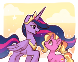 Size: 1280x1024 | Tagged: safe, artist:oofycolorful, luster dawn, twilight sparkle, alicorn, pony, unicorn, g4, the last problem, chest fluff, cloud, concave belly, crown, end of g4, ethereal mane, ethereal tail, female, folded wings, height difference, horn, jewelry, long mane, long tail, mare, missing accessory, older, older twilight, older twilight sparkle (alicorn), open mouth, passepartout, peytral, princess twilight 2.0, profile, raised hoof, regalia, side view, slender, tail, tall, thin, twilight sparkle (alicorn), wings