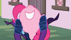 Size: 1920x1080 | Tagged: safe, screencap, pinkie pie, earth pony, pony, g4, my little pony: friendship is magic, season 2, the mysterious mare do well, female, hooves on face, logo, mare, mare do well costume, nose in the air, ponyville, smiling, solo