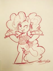 Size: 3456x4608 | Tagged: safe, artist:oofycolorful, pinkie pie, earth pony, pony, semi-anthro, g4, bipedal, blushing, clothes, dumplings, female, food, mare, one eye closed, plate, shirt, simple background, solo, traditional art, white background, wink