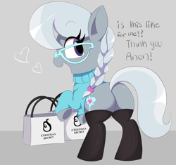 Size: 2000x1880 | Tagged: safe, artist:spoonie, silver spoon, earth pony, pony, g4, bag, butt, clothes, female, filly, foal, glasses, heart, looking at you, looking back, looking back at you, plot, shopping bag, socks, solo, stockings, sweater, text, thigh highs