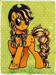 Size: 1536x2048 | Tagged: safe, artist:dariarchangel, part of a set, applejack, earth pony, pony, g4, adorable face, alternate accessories, alternate design, alternate hair color, alternate hairstyle, alternate mane color, alternate tail color, alternate tailstyle, applejack also dresses in style, applepunk, beads, blonde, blonde hair, blonde mane, blonde tail, bracelet, braid, braided pigtails, braided tail, c:, choker, cowboy hat, cute, cute face, cute smile, dyed hair, dyed mane, dyed tail, ear piercing, earring, emojack, eye clipping through hair, female, freckles, glittery cutie mark, goth, gothic applejack, green eyes, hat, jackabetes, jewelry, leather, mare, mascara, necklace, orange coat, patterned background, pearl bracelet, pearl necklace, piercing, pigtails, polka dots, raised hoof, ring, smiling, solo, spiked choker, spiked wristband, stetson, tail, tied hair, tied mane, tied tail, traditional art, two toned hair, two toned mane, two toned tail, wristband