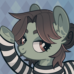 Size: 2048x2048 | Tagged: safe, artist:1mangosta1, oc, oc only, oc:soundless aria, earth pony, pony, g4, base used, brown eyes, brown mane, clothed ponies, clothes, eyebrows, female, green pony, icon, looking at you, patterned background, ponysona, raised hoof, side eye, smiling, smiling at you, solo