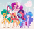 Size: 4816x4104 | Tagged: safe, artist:luckyclau, hitch trailblazer, izzy moonbow, misty brightdawn, pipp petals, sunny starscout, zipp storm, earth pony, pegasus, pony, unicorn, g5, alternate design, coat markings, countershading, gradient background, height difference, horn, long mane, mane five, mane six (g5), mane stripe sunny, rebirth misty, slender, socks (coat markings), thin, zoom layer