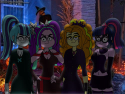 Size: 2560x1920 | Tagged: safe, artist:rdj1995, adagio dazzle, aria blaze, sci-twi, sonata dusk, twilight sparkle, equestria girls, g4, clothes, costume, halloween, halloween costume, hex girls, holiday, outdoors, scooby-doo, scooby-doo!, the dazzlings, the hex girls