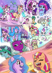 Size: 853x1200 | Tagged: safe, artist:frank3dz, alphabittle blossomforth, hitch trailblazer, izzy moonbow, jazz hooves, misty brightdawn, opaline arcana, pipp petals, posey bloom, queen haven, rocky riff, sparky sparkeroni, sunny starscout, violette rainbow, windy, zipp storm, alicorn, dragon, earth pony, pegasus, pony, unicorn, g5, my little pony: tell your tale, swirlpool starlight, artificial horn, artificial wings, augmented, baby, baby dragon, beach, bridlewoodstock, crown, crystal ball, disgusted, drink, eyes closed, female, flying, grin, hitch is best dragon dad, horn, jewelry, looking at you, magic, magic horn, magic wings, male, mane five, mane seven (g5), mane six (g5), mare, multiple characters, music notes, ocean, open mouth, open smile, race swap, rebirth misty, regalia, sky, smiling, smiling at you, smoothie, stallion, stargazing, starlight ridge, sun, sunnycorn, sunset, water, wings